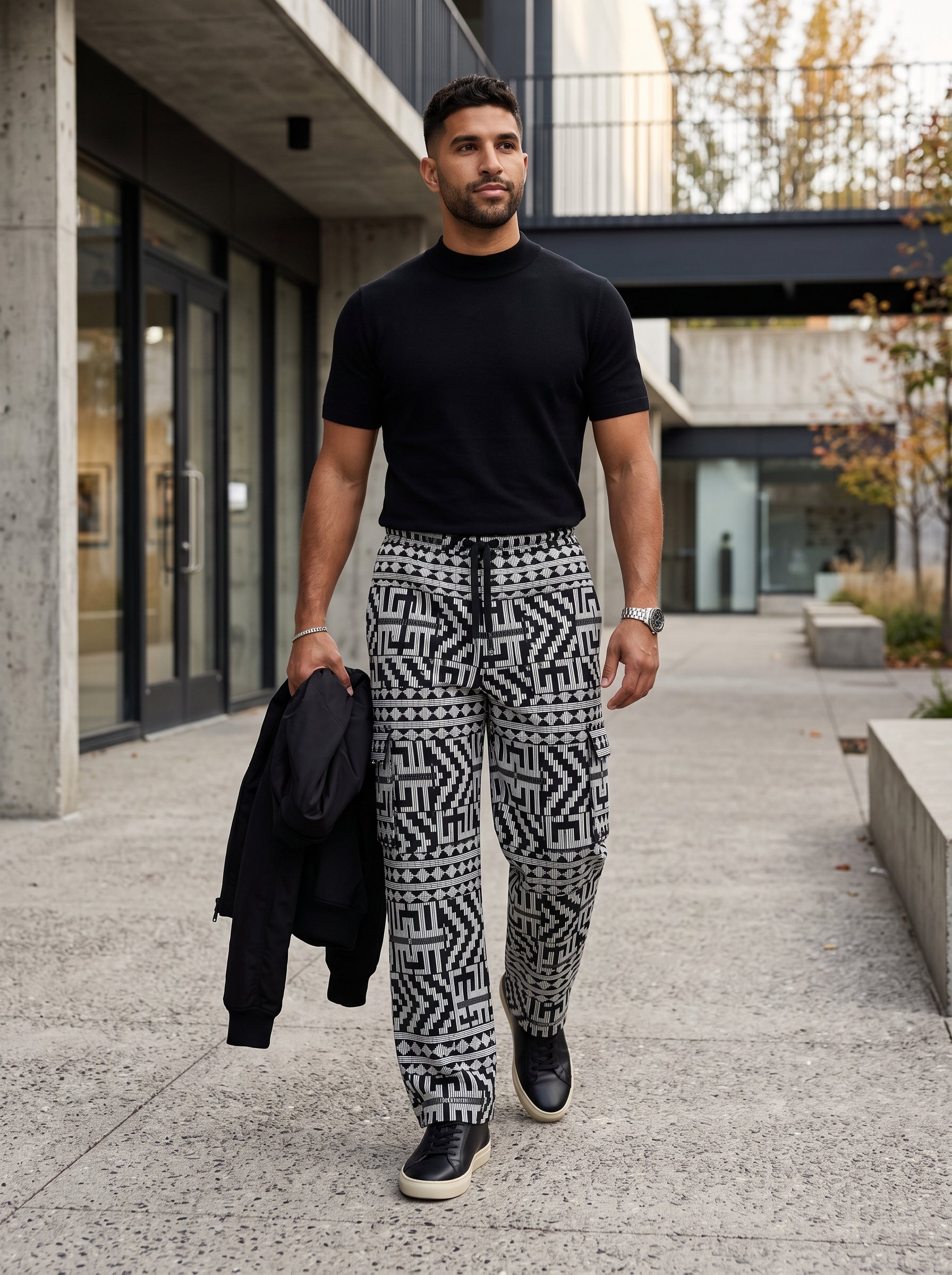 KWAME Men's African Print Wide-Leg Cargo Pants – Black & White - Tan & Tobe
