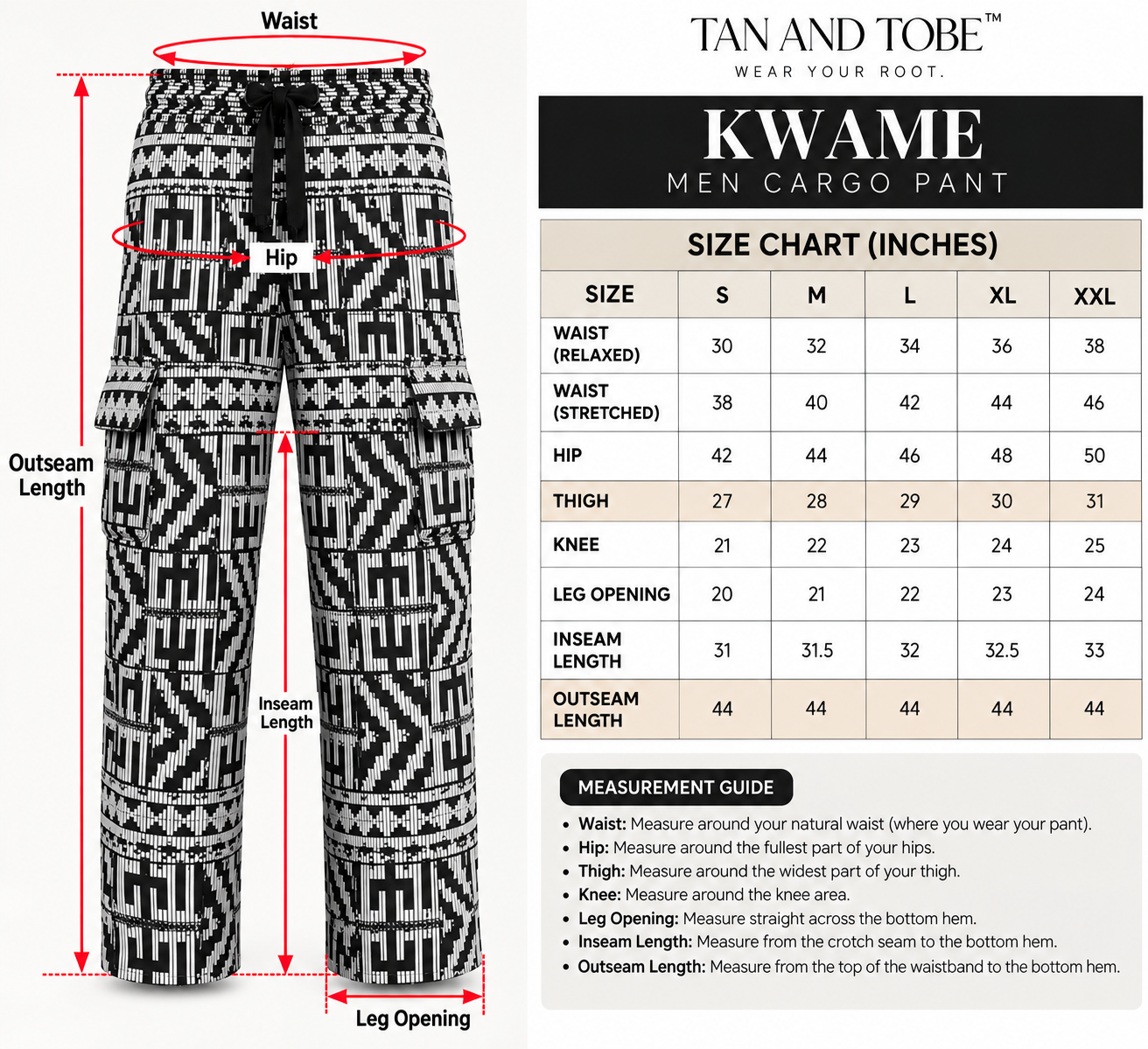 KWAME Men's African Print Wide-Leg Cargo Pants – Black & White - Tan & Tobe
