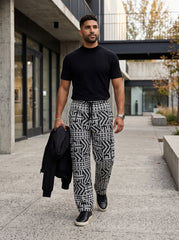 KWAME Men's African Print Wide-Leg Cargo Pants – Black & White - Tan & Tobe
